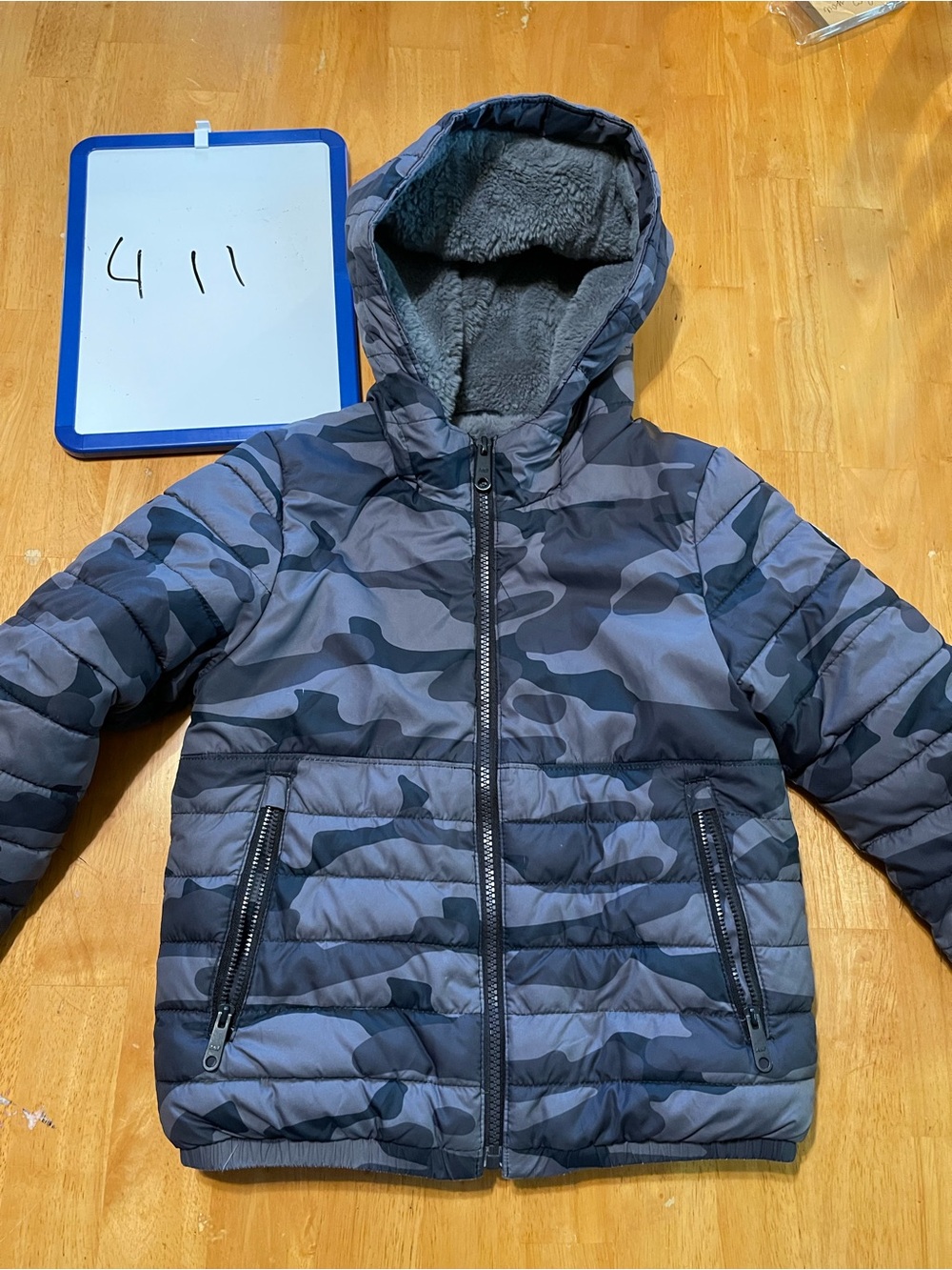 abercrombie kids Gray Camouflage Hooded Puffer Jacket with Fleece Lining